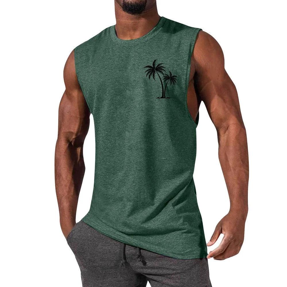 Mandotos Coconut Tree Embroidery Vest Men Tank Top For Summer Beach Workout Muscle Tee