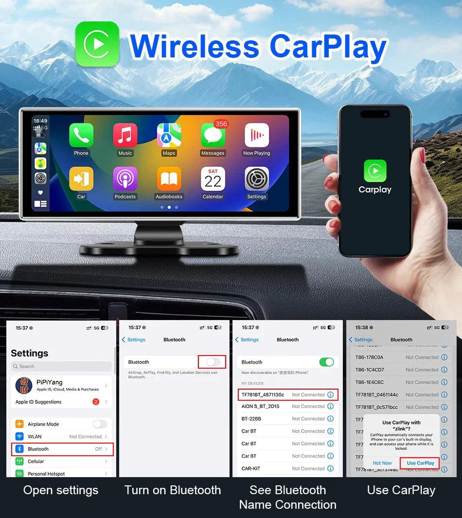 10/11.26 inch Dash Cam 4K Car DVR Wireless Carplay & Android Auto GPS Navigation Video Recorder Dashboard Dual Lens Wifi FM AUX