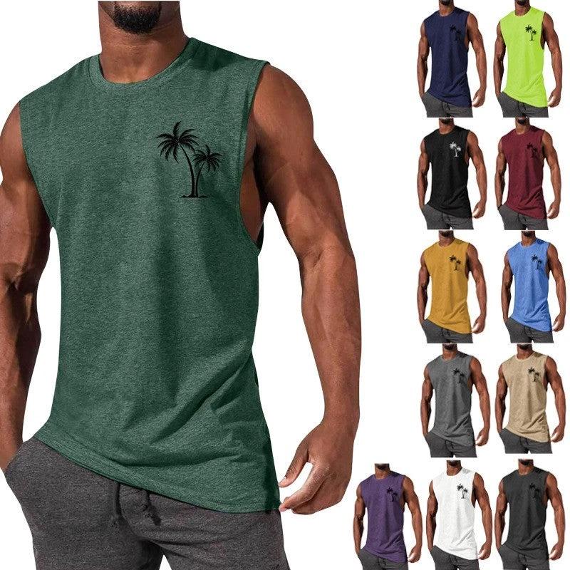 Mandotos Coconut Tree Embroidery Vest Men Tank Top For Summer Beach Workout Muscle Tee
