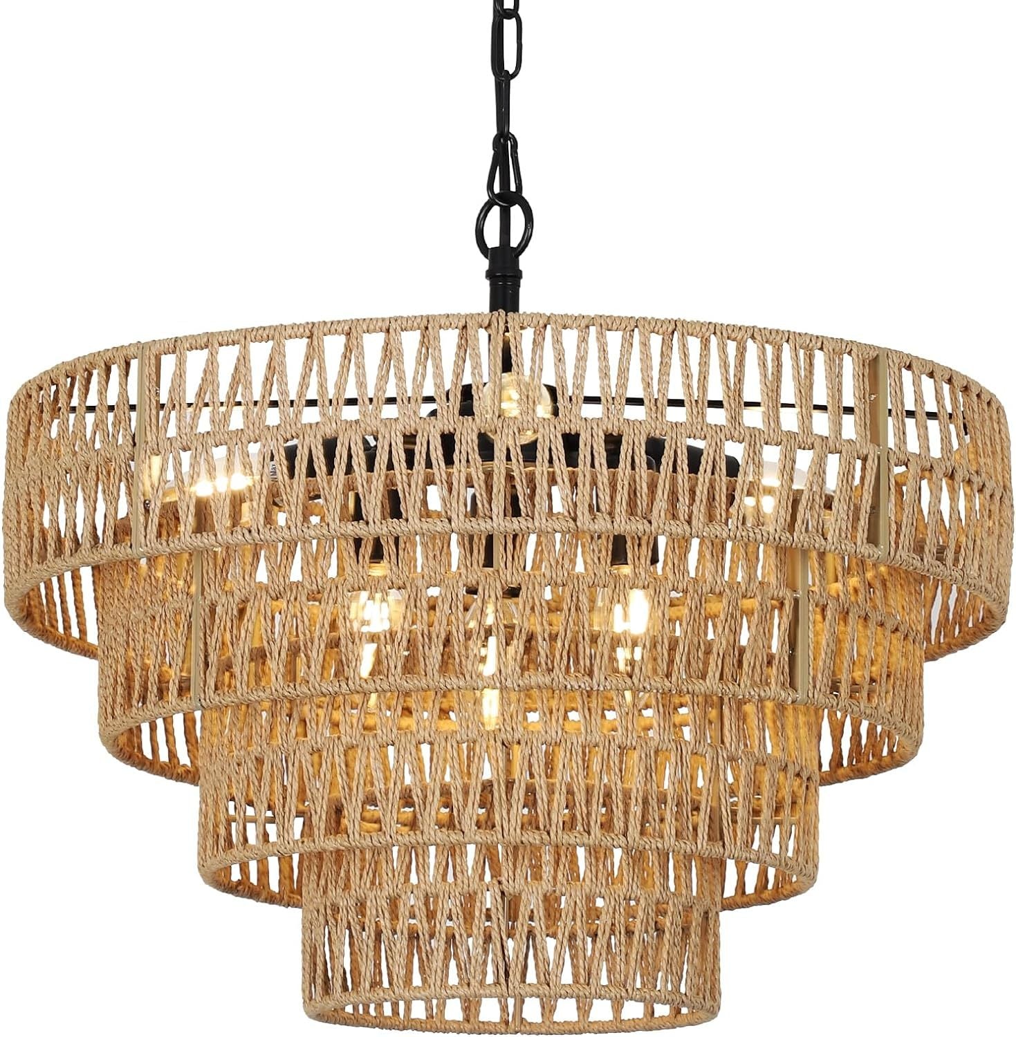 Boho Rattan Chandelier Four-Tier Handwoven Rattan Chandelier
