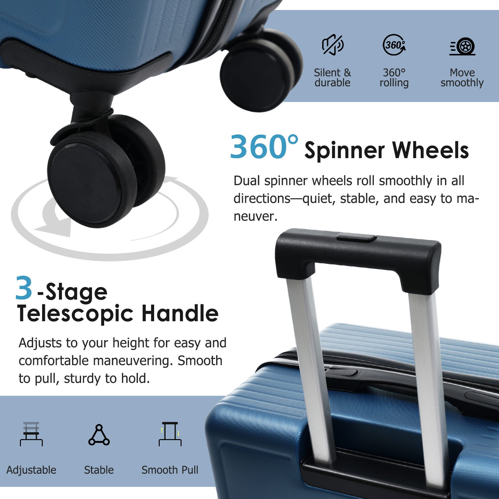 Luggage Set 3 Piece Lightweight Durable ABS Suitcases with TSA Lock
