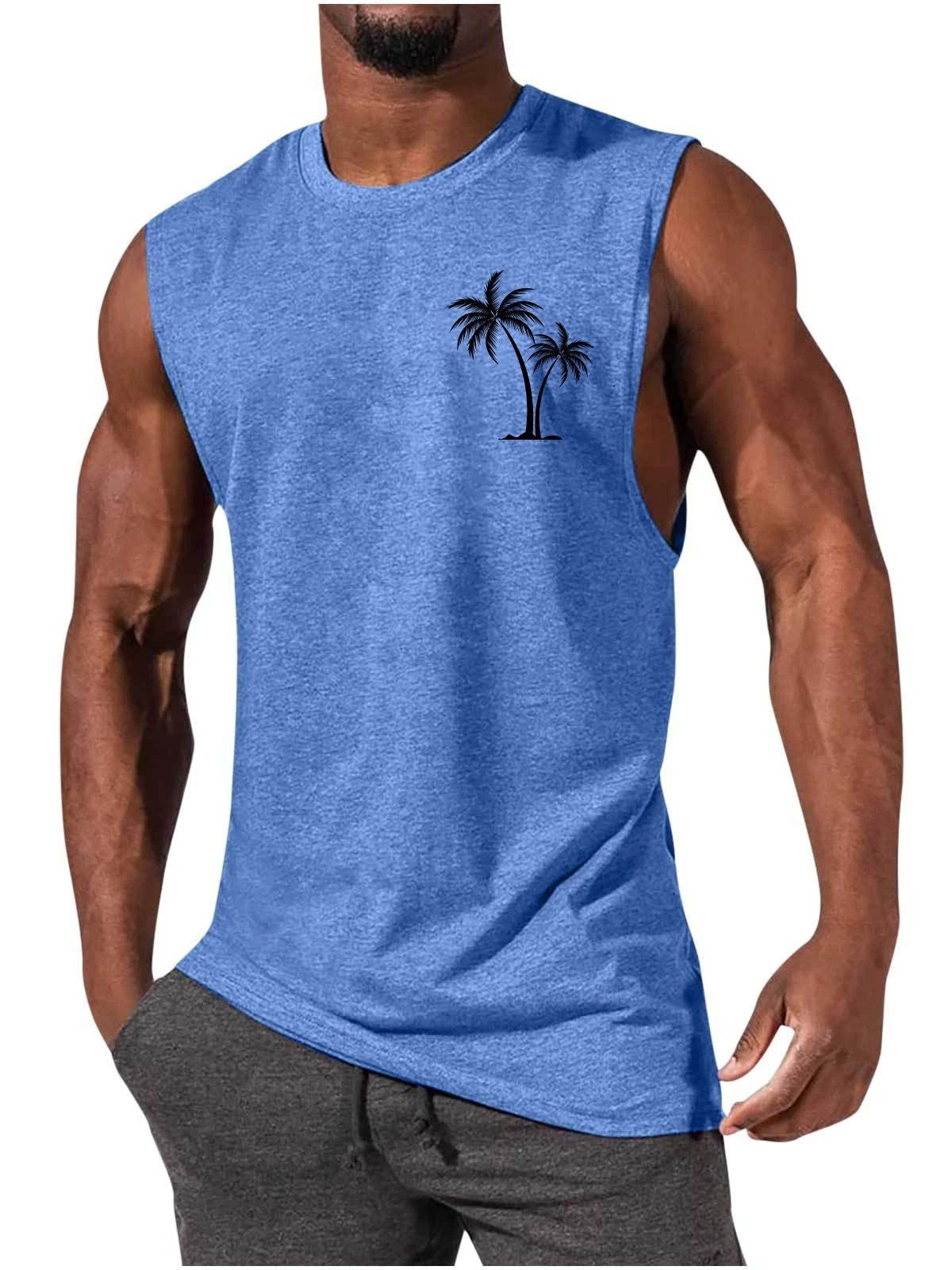 Mandotos Coconut Tree Embroidery Vest Men Tank Top For Summer Beach Workout Muscle Tee