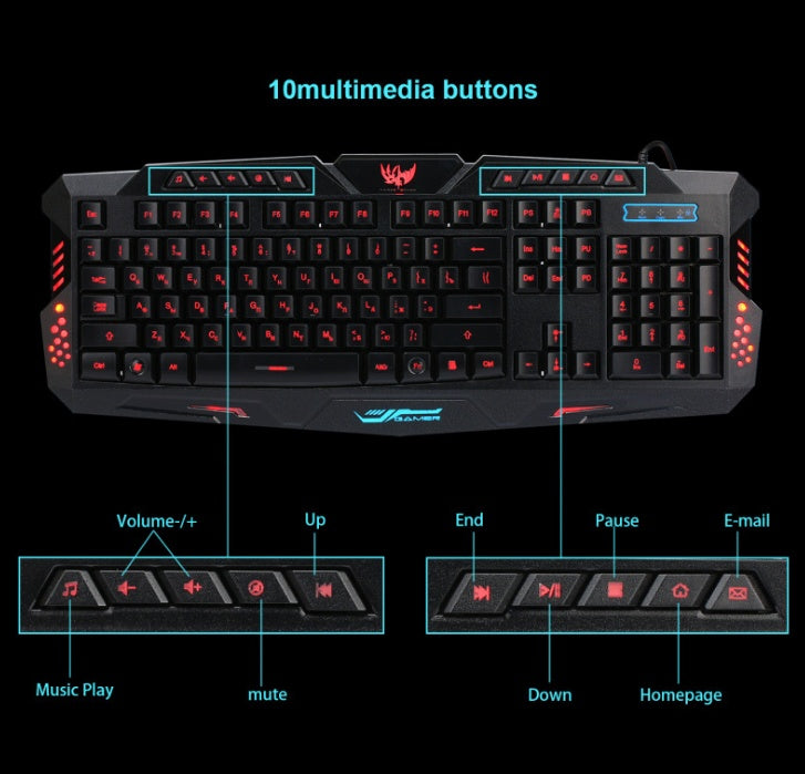 J10 tricolor backlight wired gaming keyboard set colorful luminous gaming