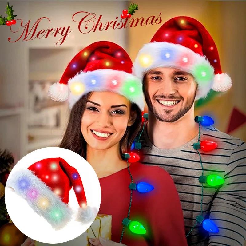 Mandotos Christmas Hat LED Light Plush Luminous Santa Hat For Children And Adults