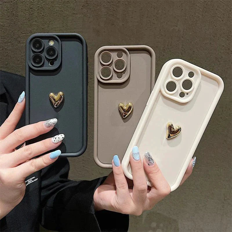 Heartfelt 3D Gold Heart Silicone Phone Case – Shockproof Matte Cover for iPhone 15, 14, 13, 12, 11, Pro Max, XS, XR, 8 Plus