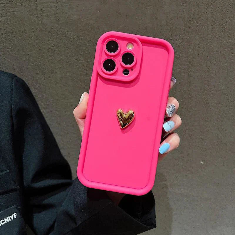 Heartfelt 3D Gold Heart Silicone Phone Case – Shockproof Matte Cover for iPhone 15, 14, 13, 12, 11, Pro Max, XS, XR, 8 Plus