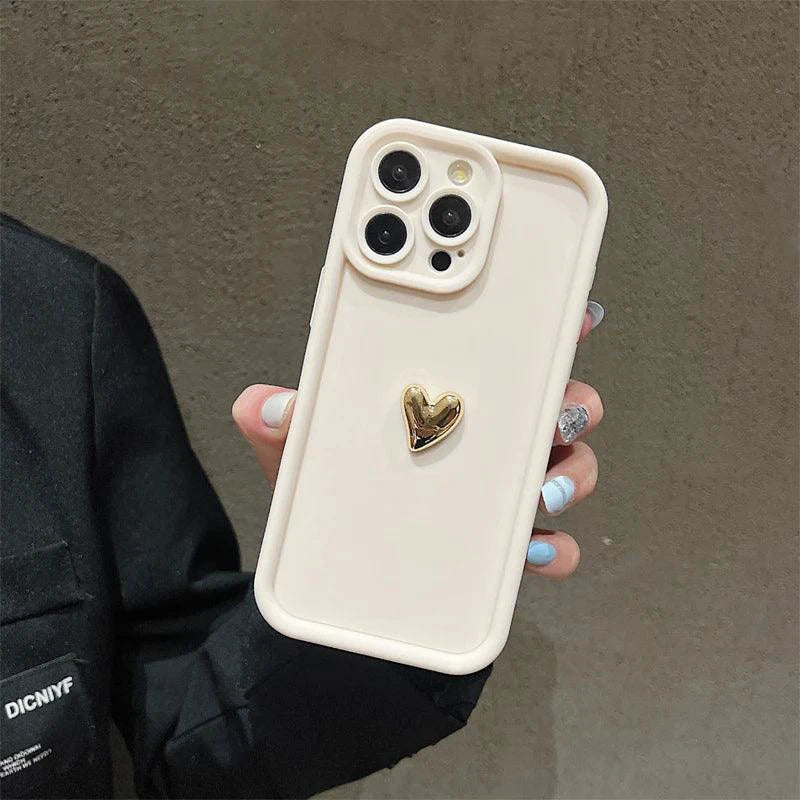 Heartfelt 3D Gold Heart Silicone Phone Case – Shockproof Matte Cover for iPhone 15, 14, 13, 12, 11, Pro Max, XS, XR, 8 Plus