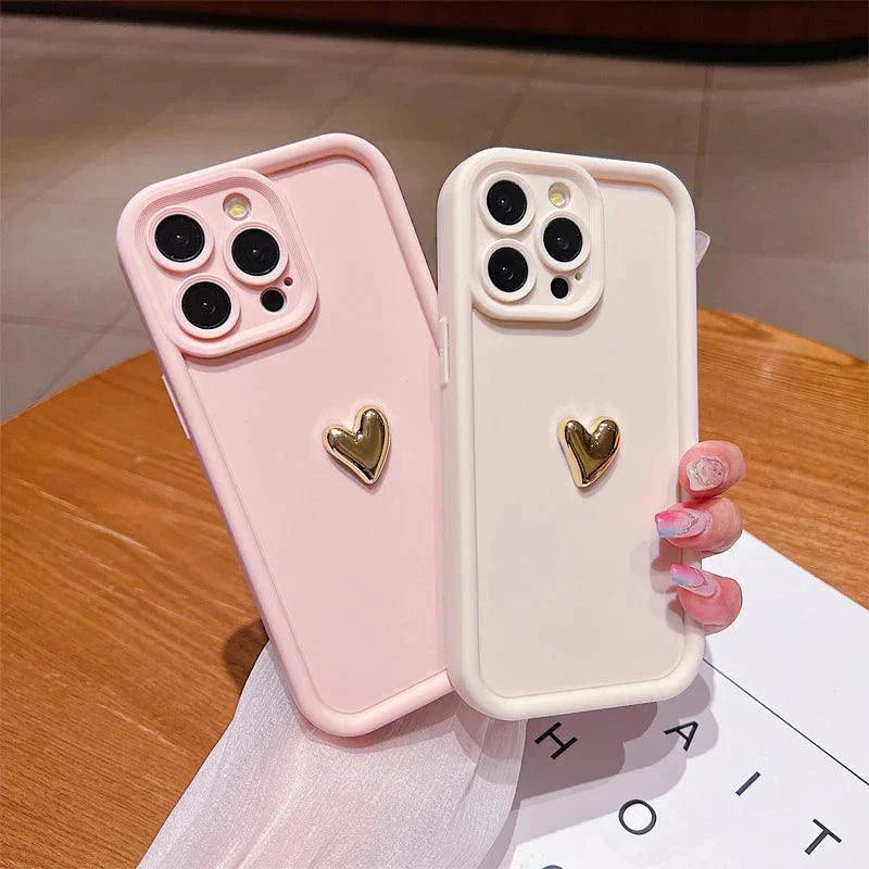 Heartfelt 3D Gold Heart Silicone Phone Case – Shockproof Matte Cover for iPhone 15, 14, 13, 12, 11, Pro Max, XS, XR, 8 Plus