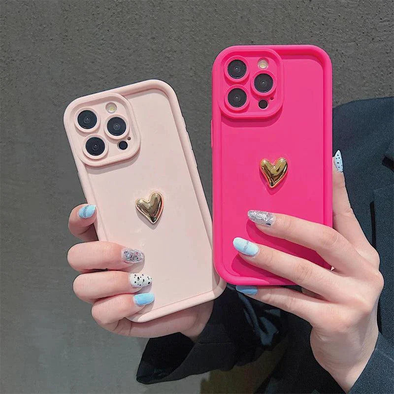 Heartfelt 3D Gold Heart Silicone Phone Case – Shockproof Matte Cover for iPhone 15, 14, 13, 12, 11, Pro Max, XS, XR, 8 Plus