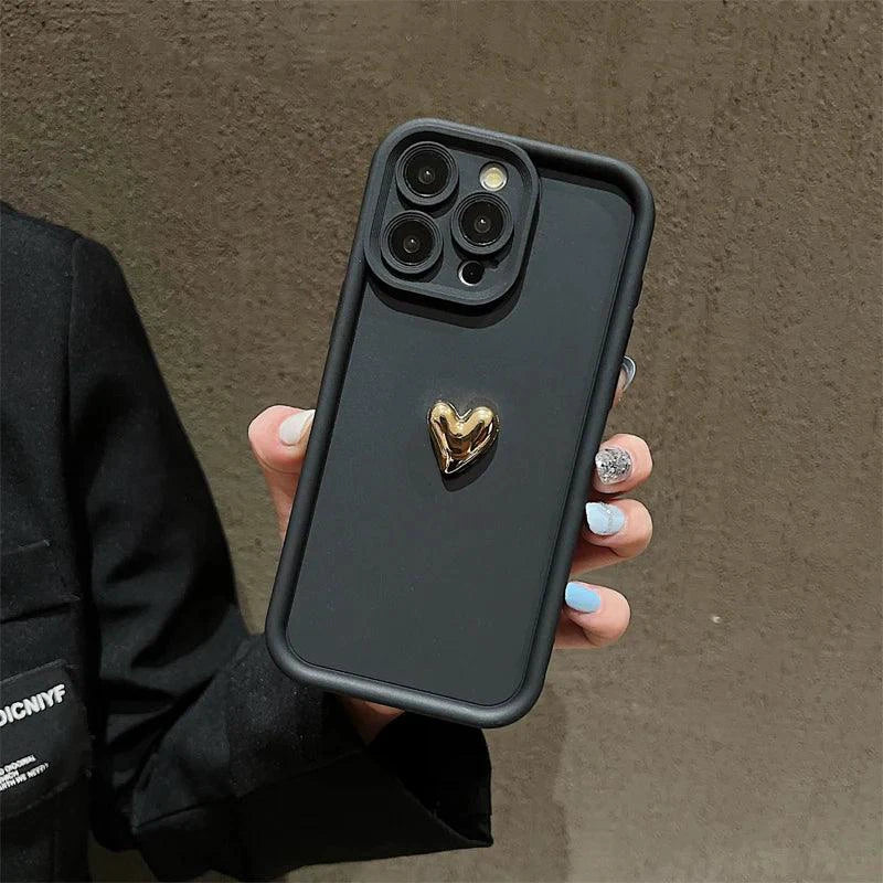 Heartfelt 3D Gold Heart Silicone Phone Case – Shockproof Matte Cover for iPhone 15, 14, 13, 12, 11, Pro Max, XS, XR, 8 Plus
