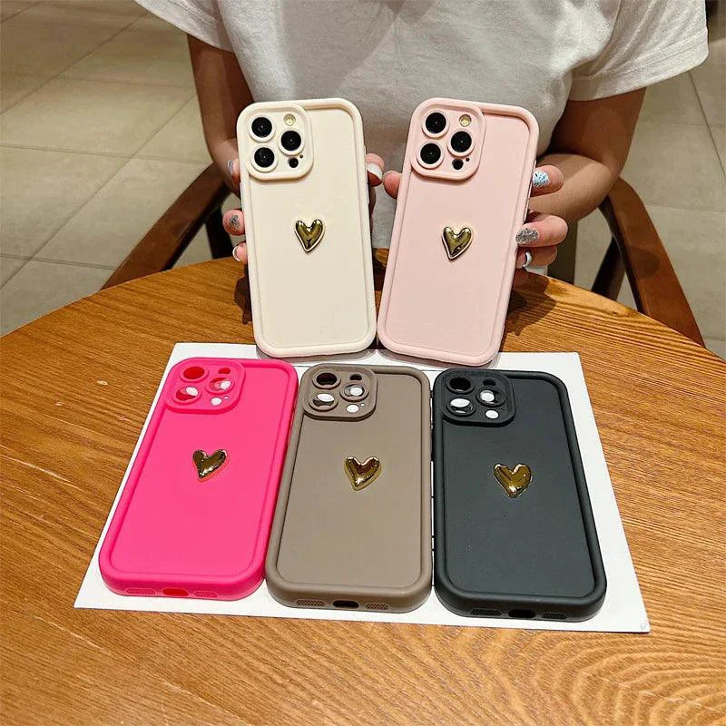 Heartfelt 3D Gold Heart Silicone Phone Case – Shockproof Matte Cover for iPhone 15, 14, 13, 12, 11, Pro Max, XS, XR, 8 Plus