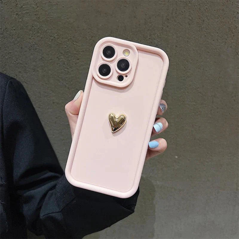 Heartfelt 3D Gold Heart Silicone Phone Case – Shockproof Matte Cover for iPhone 15, 14, 13, 12, 11, Pro Max, XS, XR, 8 Plus