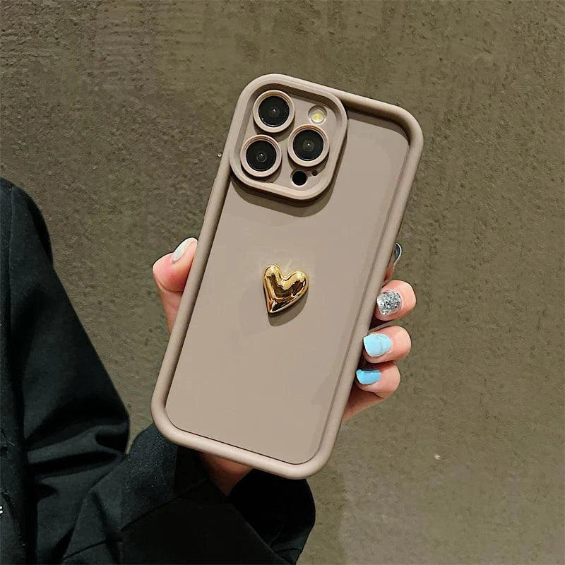 Heartfelt 3D Gold Heart Silicone Phone Case – Shockproof Matte Cover for iPhone 15, 14, 13, 12, 11, Pro Max, XS, XR, 8 Plus