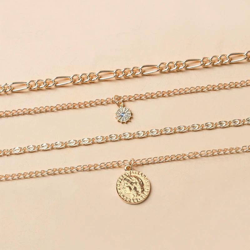 Mandotos Chunky Gold Layered Necklace With Coin Pendant And Sun Charm For Women