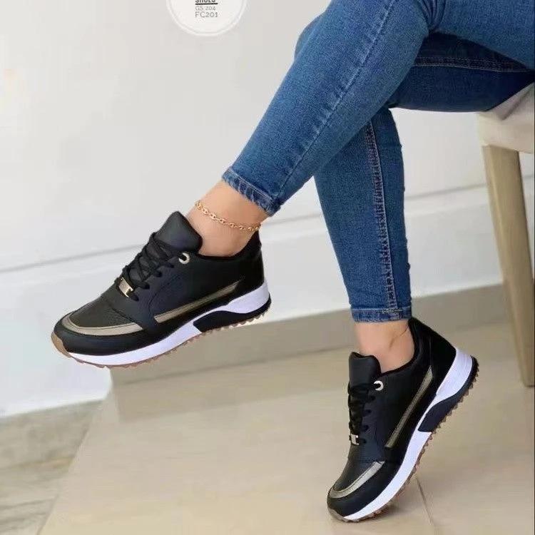 MANDOTOS Casual Lace Up Walking Sneakers For Women Navy Blue Round Toe Comfort Shoes