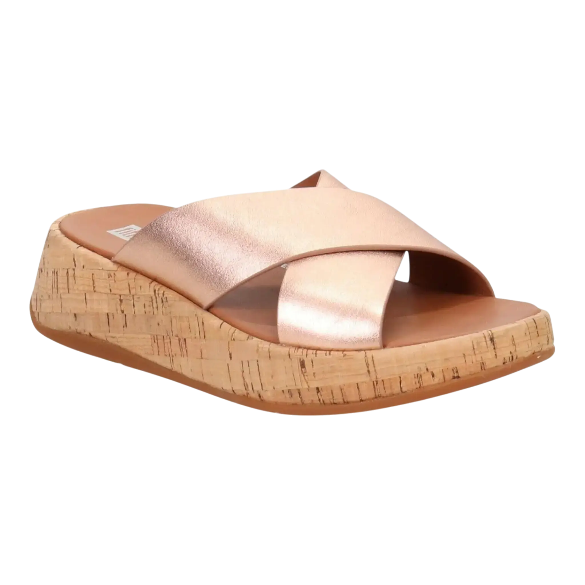 FitFlop F-Mode Women Cross Sandals Rose Gold Leather Cork Flatform