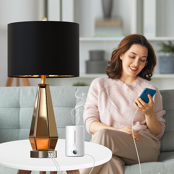 Set of 2 Mirrored Glass Bedside Table Lamps with 2 USB Ports