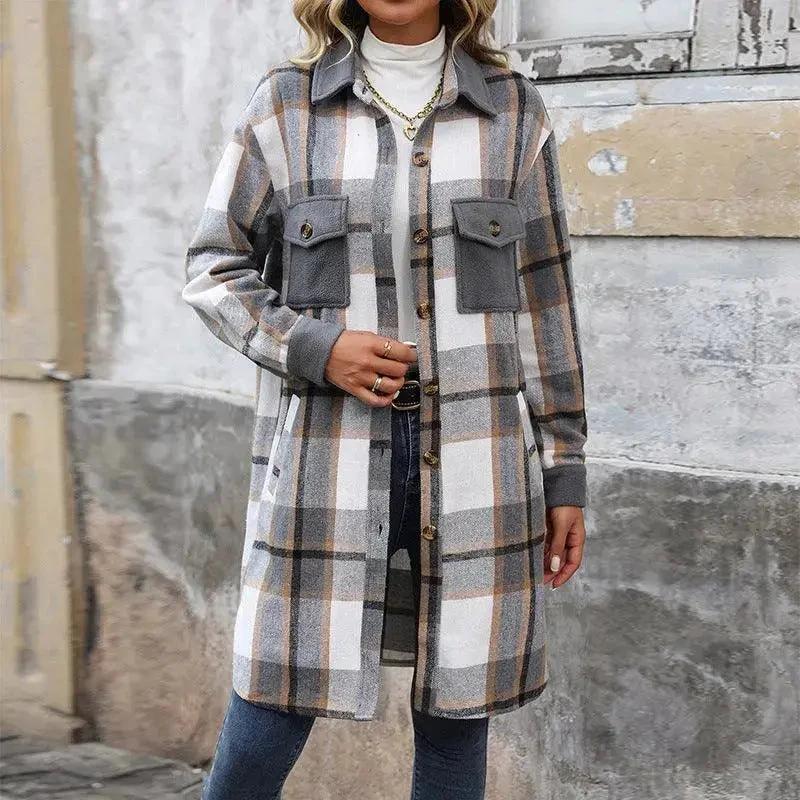 Brushed Plaid Long Coat with Pockets - Women's Winter Jacket