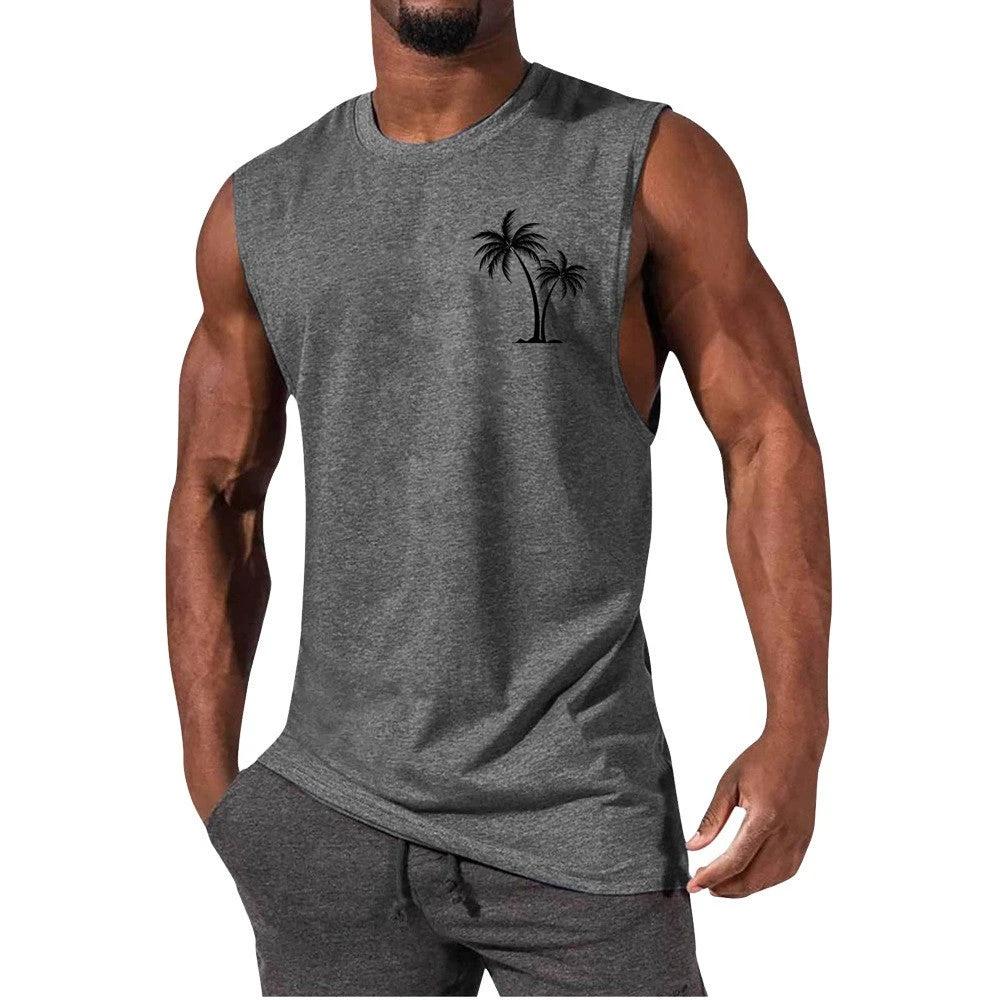 Mandotos Coconut Tree Embroidery Vest Men Tank Top For Summer Beach Workout Muscle Tee