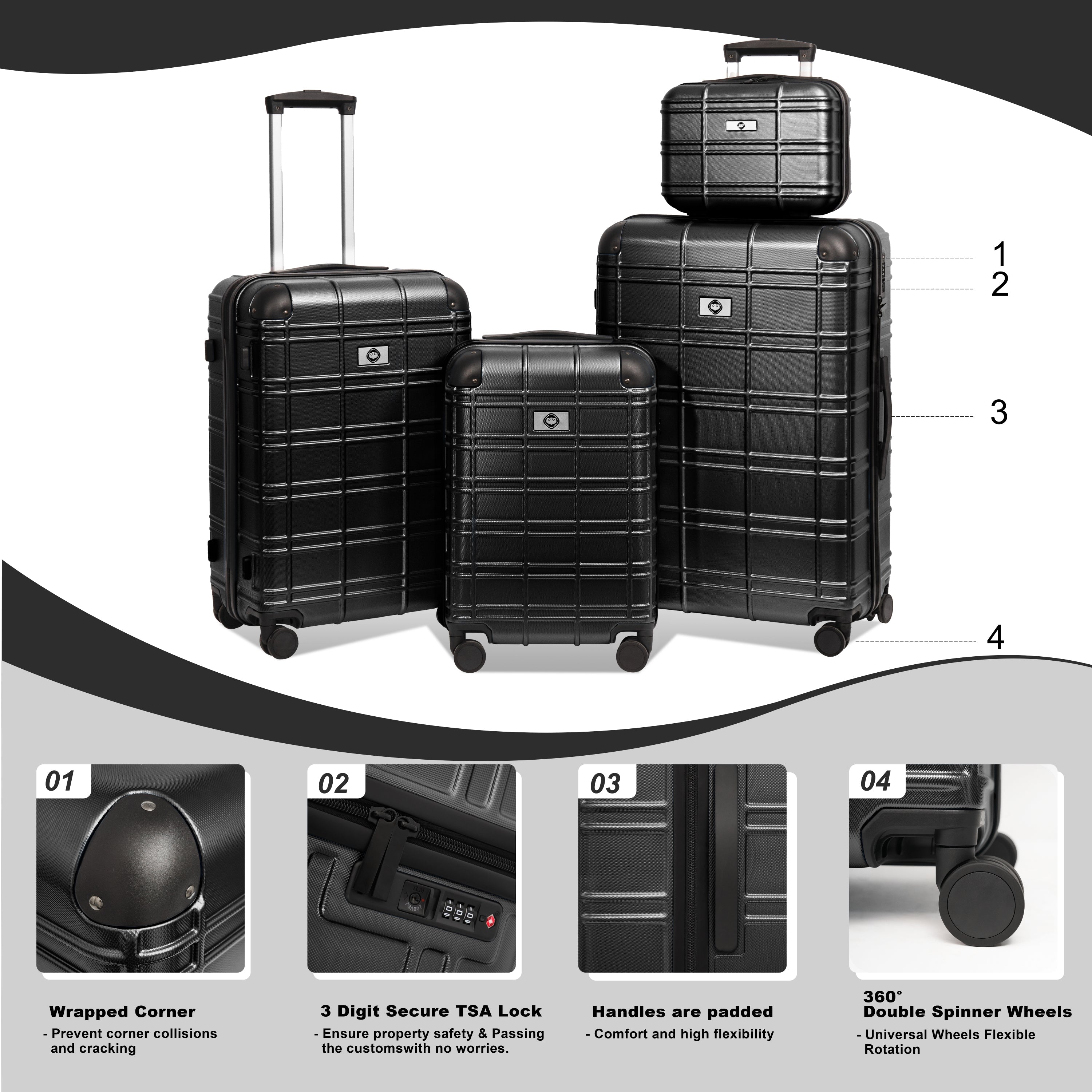 Luggage Sets ABS+PC Hardshell 4pcs Lightweight Durable Suitcases