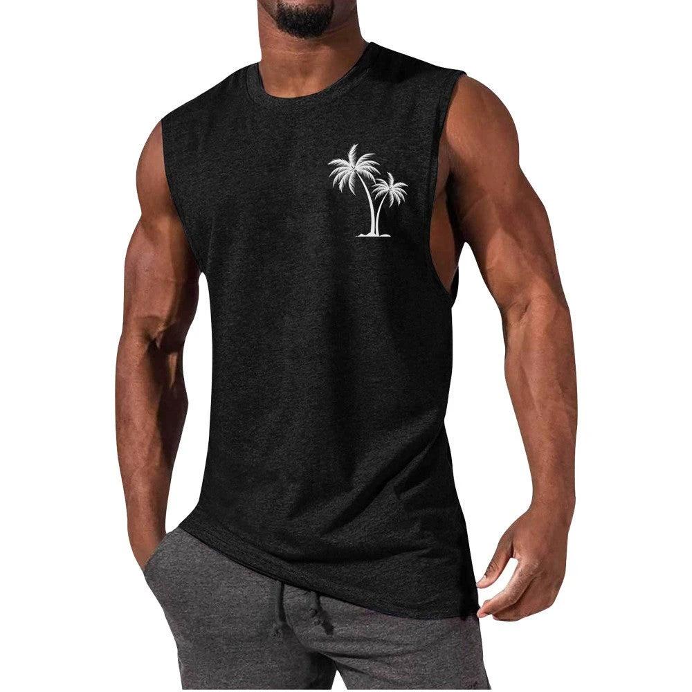 Mandotos Coconut Tree Embroidery Vest Men Tank Top For Summer Beach Workout Muscle Tee
