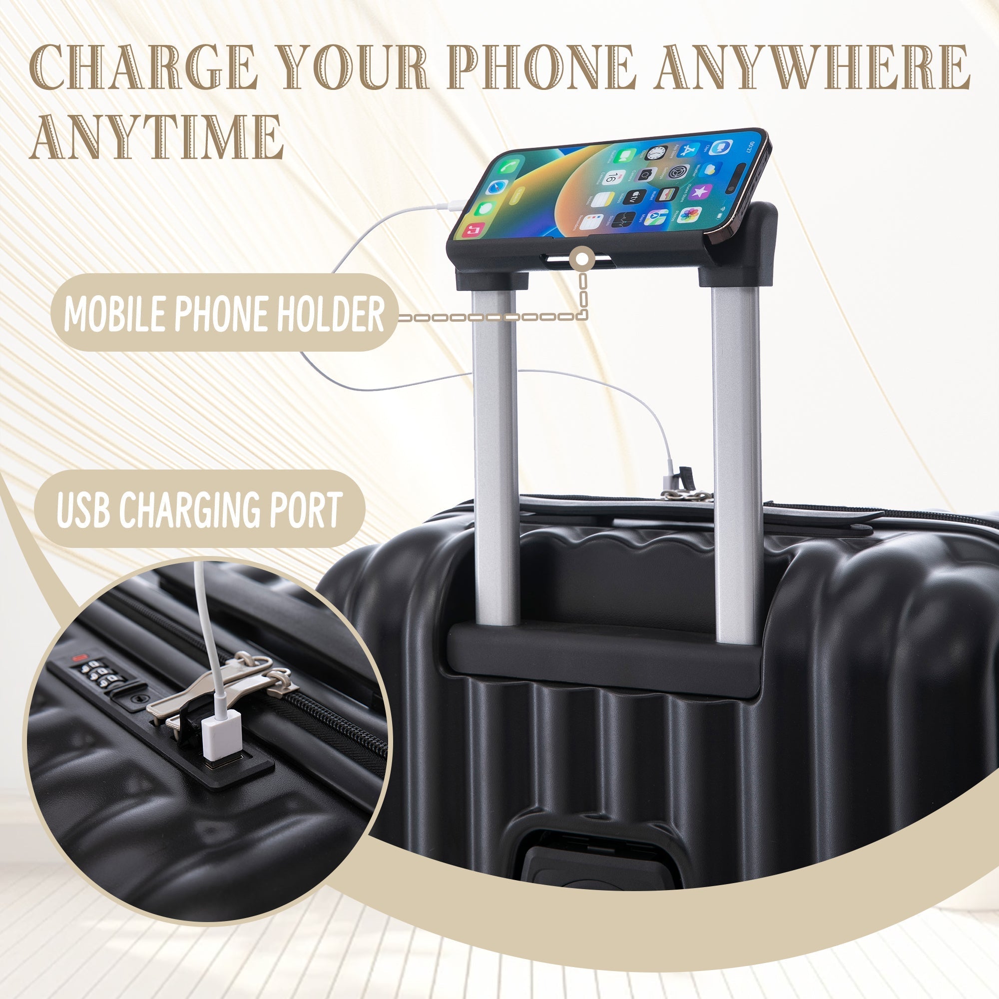 ABS Spinner Wheel Luggage Carry On Suitcase with Cup Holder and USB Port