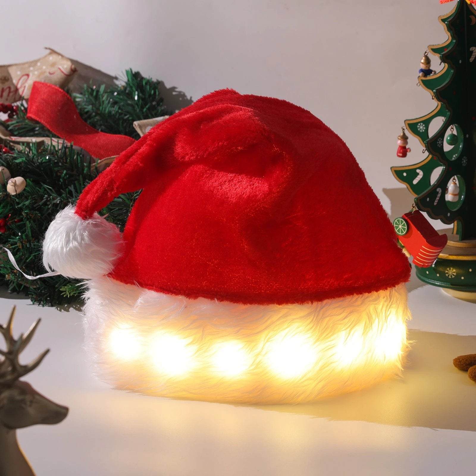 Mandotos Christmas Hat LED Light Plush Luminous Santa Hat For Children And Adults