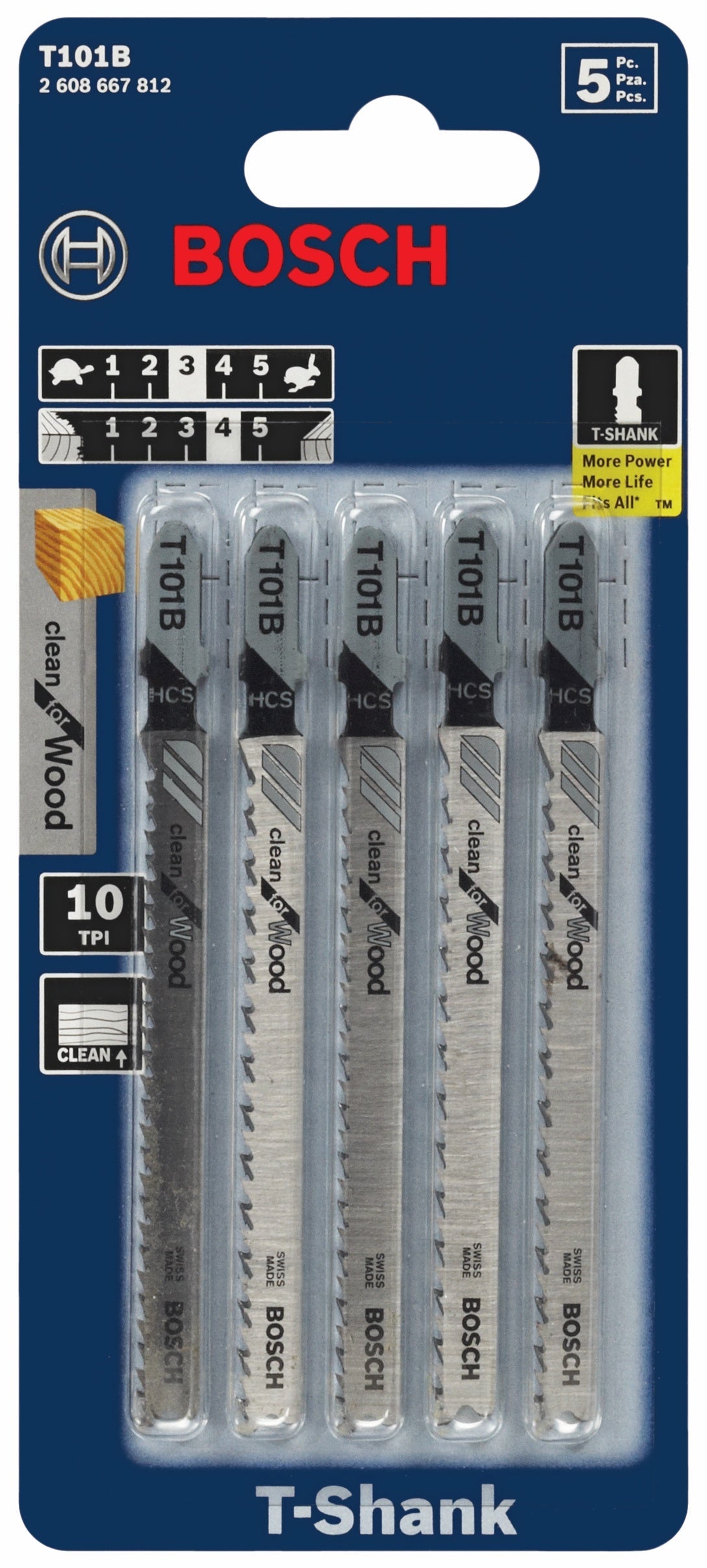 BOSCH T101B 5 pc. 4 In. 10 TPI Variable Pitch Clean for Wood T-Shank Jig Saw Blades