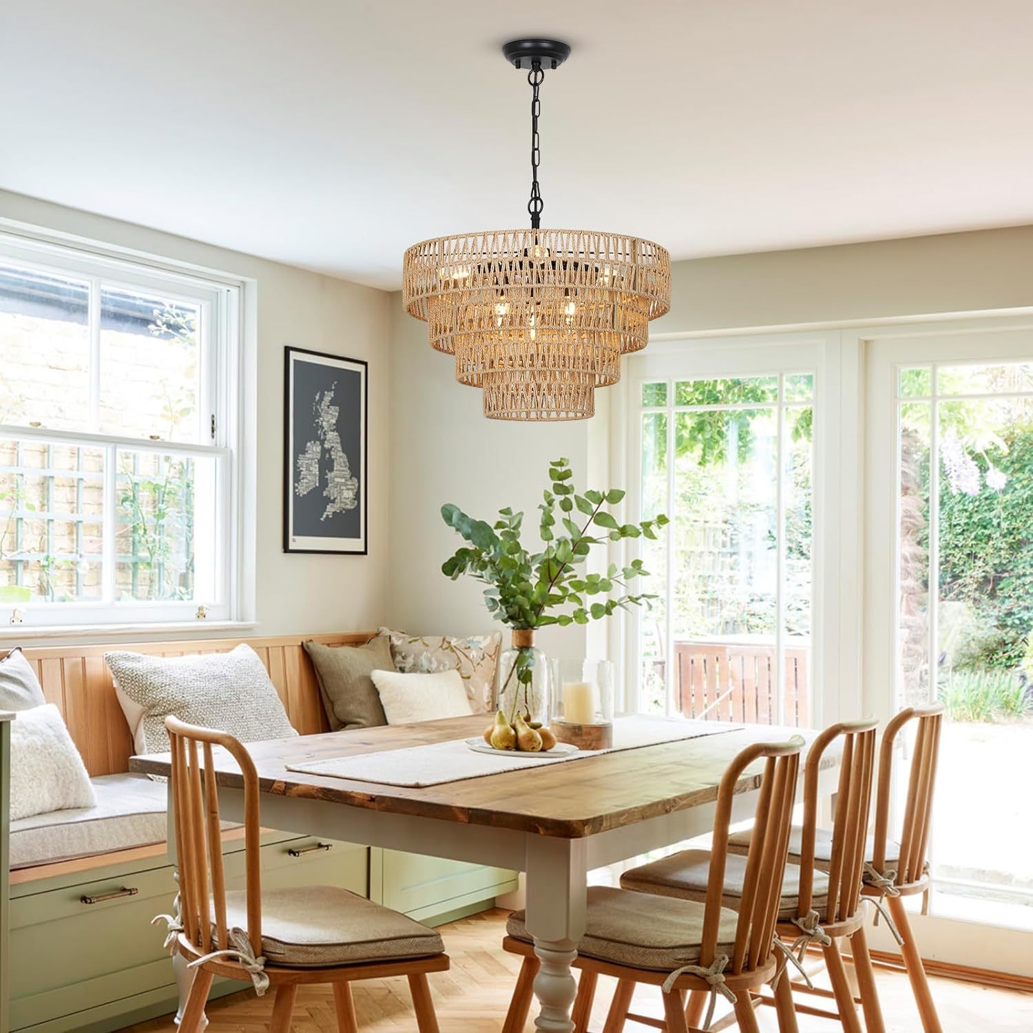 Boho Rattan Chandelier Four-Tier Handwoven Rattan Chandelier