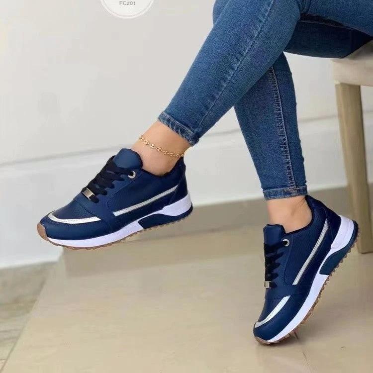 MANDOTOS Casual Lace Up Walking Sneakers For Women Navy Blue Round Toe Comfort Shoes