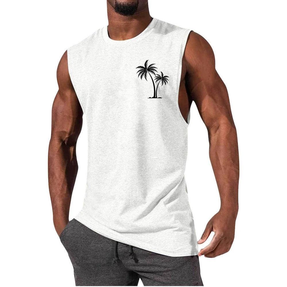 Mandotos Coconut Tree Embroidery Vest Men Tank Top For Summer Beach Workout Muscle Tee