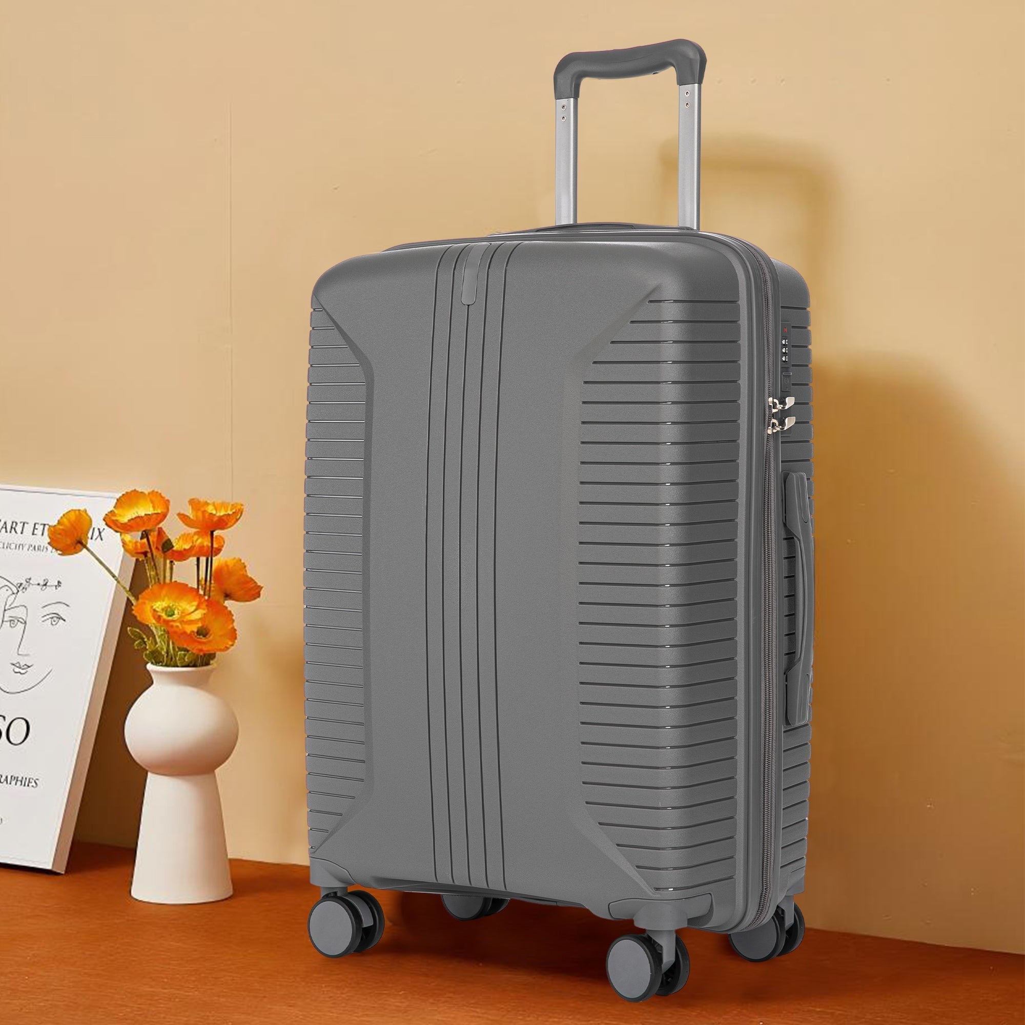 3-Piece PP Spinner Wheel Luggage Set 20'/24'/28' Silver Grey