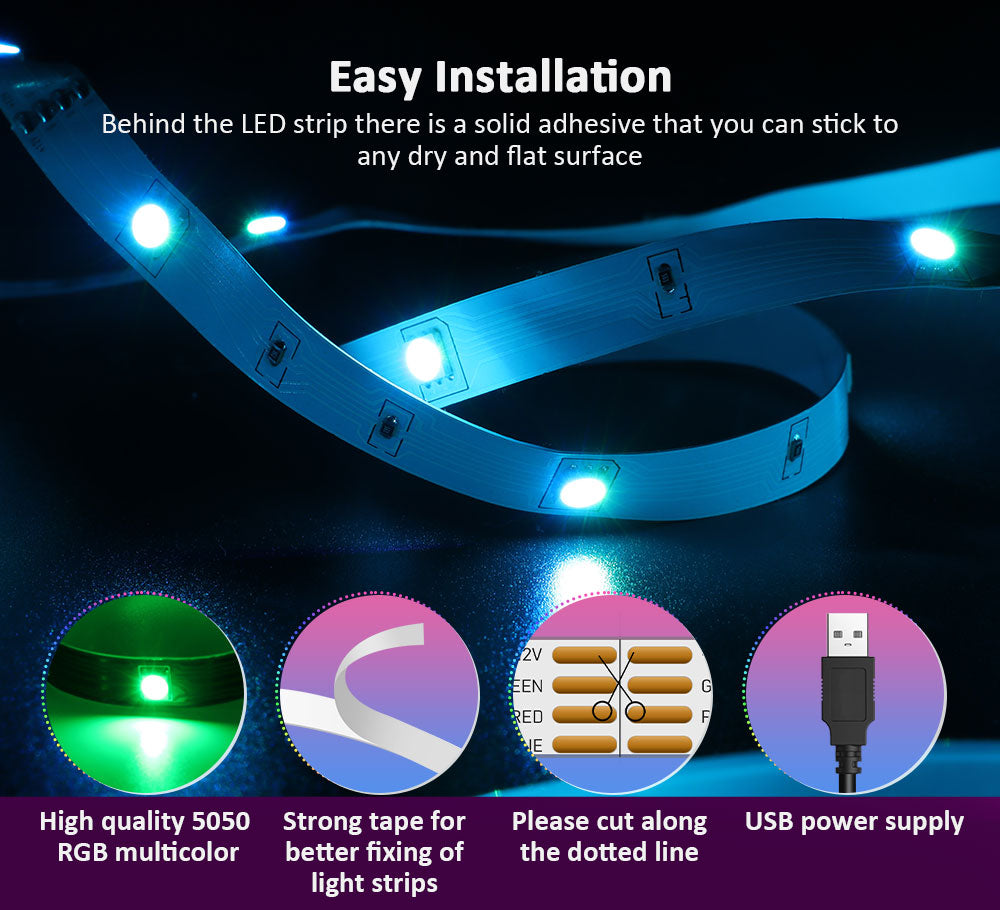 Vivid ColorRGB 5050 LED Strip Light: Bluetooth App-Controlled, USB-Powered, Flexible Ribbon Tape for TV Backlight with 16 Million Colors