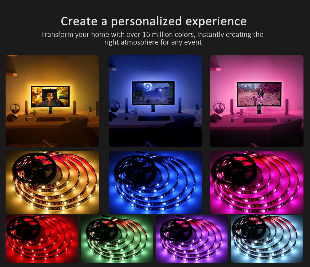 Vivid ColorRGB 5050 LED Strip Light: Bluetooth App-Controlled, USB-Powered, Flexible Ribbon Tape for TV Backlight with 16 Million Colors