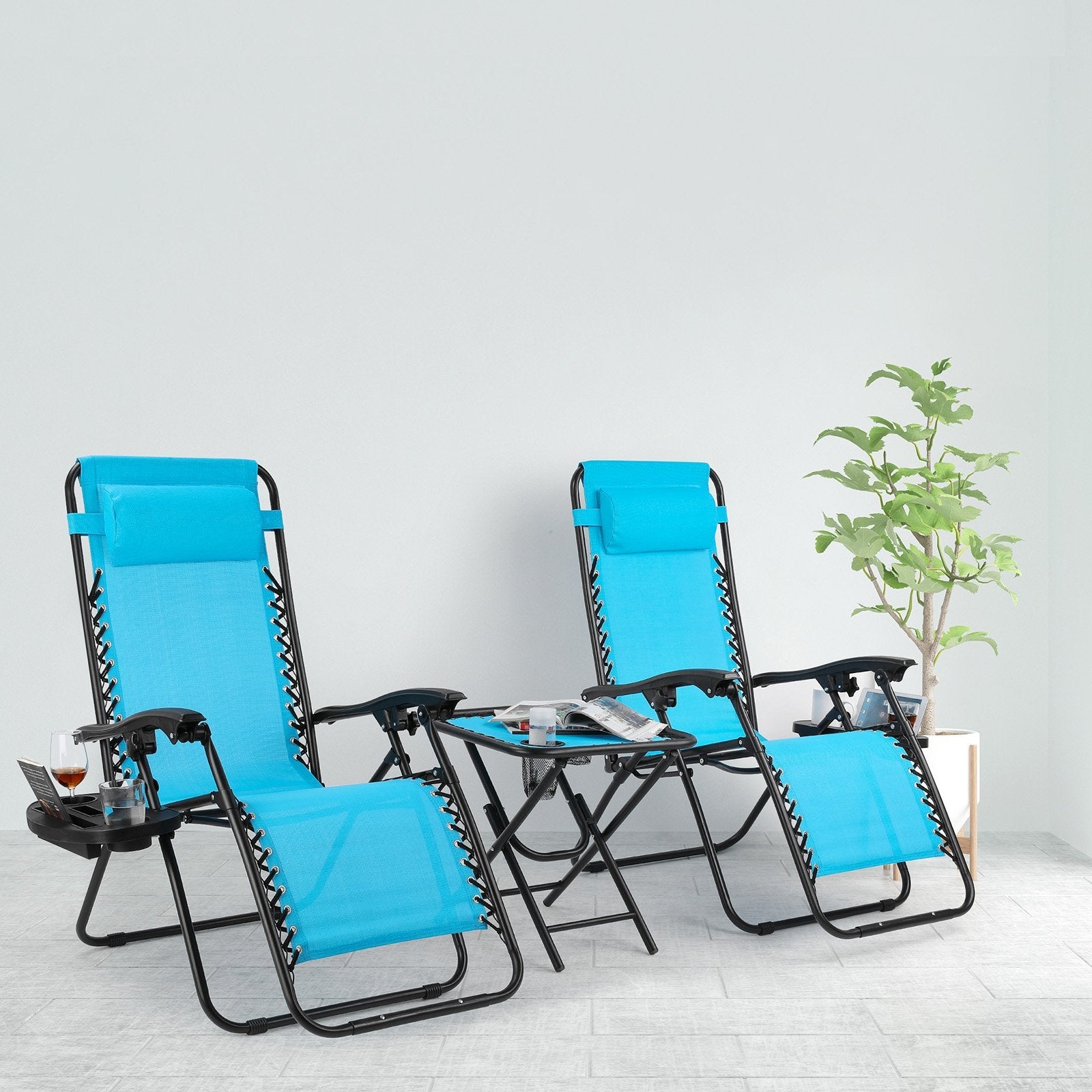 2PC Garden Sun Lounger Set with Table Folding Flexible Adjustable Zero Gravity Recliner Chair Seat Indoor/Outdoor 2 Colors