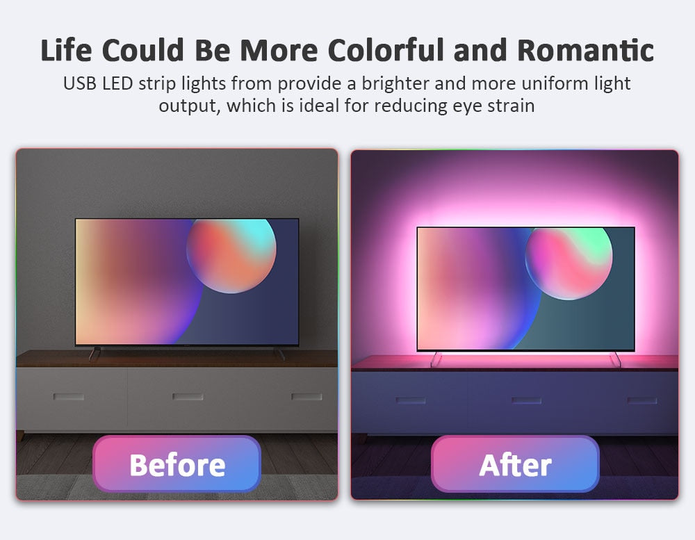 Vivid ColorRGB 5050 LED Strip Light: Bluetooth App-Controlled, USB-Powered, Flexible Ribbon Tape for TV Backlight with 16 Million Colors