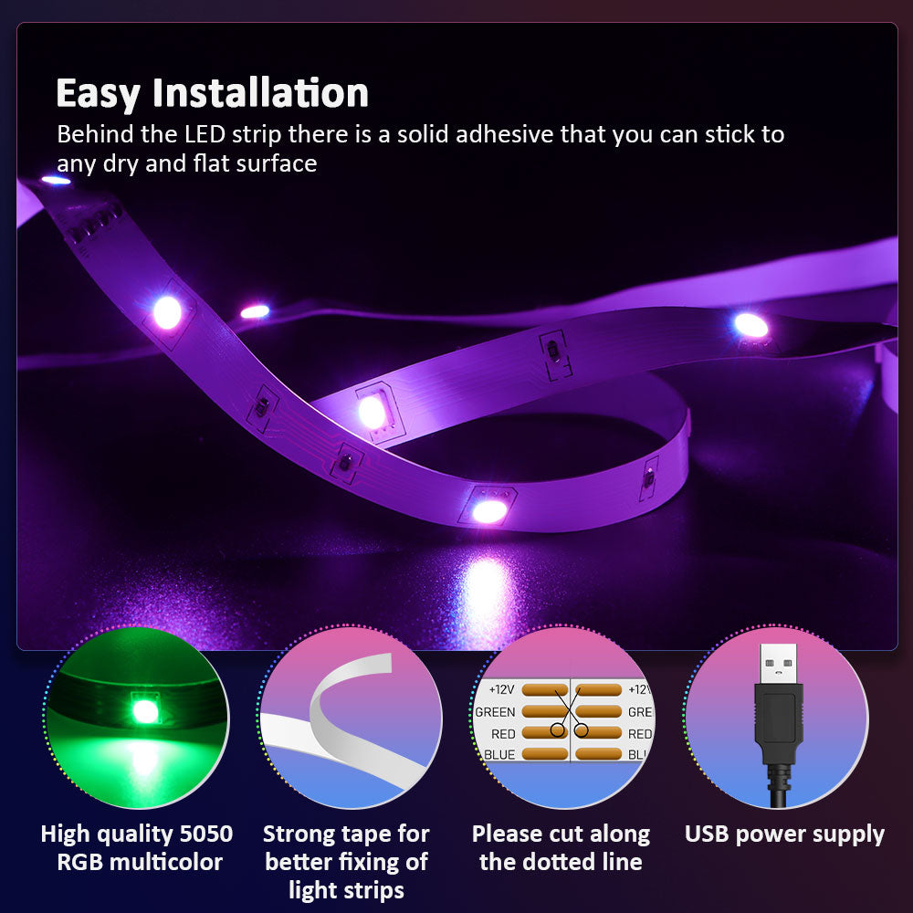 Vivid ColorRGB 5050 LED Strip Light: Bluetooth App-Controlled, USB-Powered, Flexible Ribbon Tape for TV Backlight with 16 Million Colors