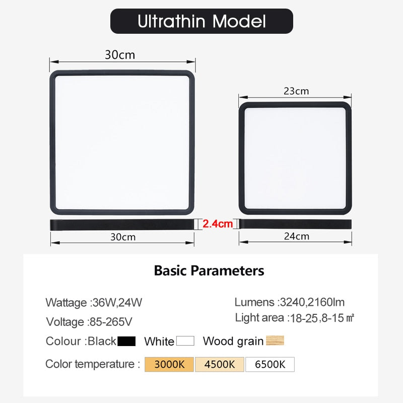 Square LED Ceiling Lamp - Bedroom Lighting in Neutral White, Cold White, and Warm White - 48W, 36W, 24W, 18W Options for Living Room Brilliance