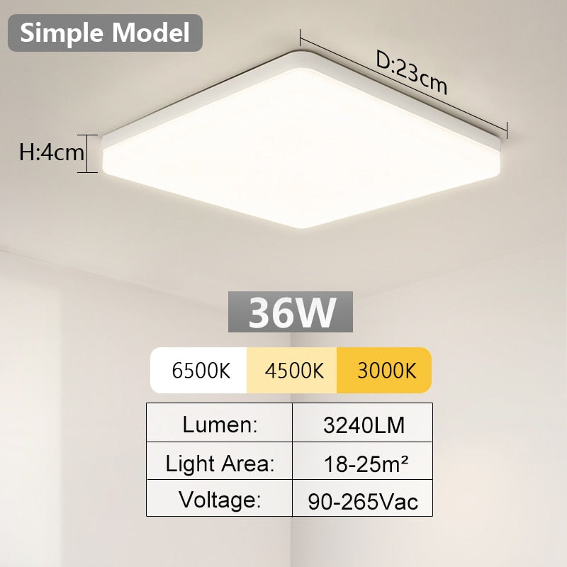 Square LED Ceiling Lamp - Bedroom Lighting in Neutral White, Cold White, and Warm White - 48W, 36W, 24W, 18W Options for Living Room Brilliance