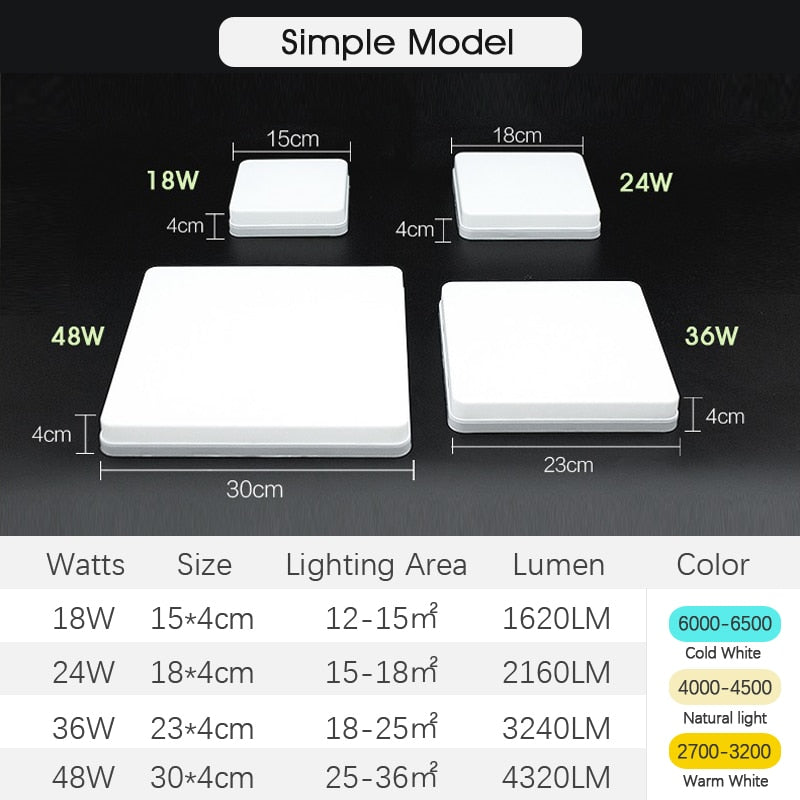 Square LED Ceiling Lamp - Bedroom Lighting in Neutral White, Cold White, and Warm White - 48W, 36W, 24W, 18W Options for Living Room Brilliance