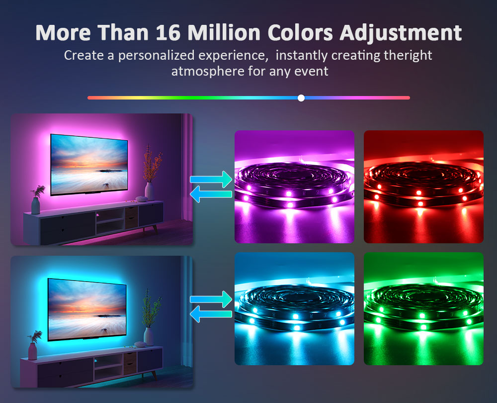 Vivid ColorRGB 5050 LED Strip Light: Bluetooth App-Controlled, USB-Powered, Flexible Ribbon Tape for TV Backlight with 16 Million Colors