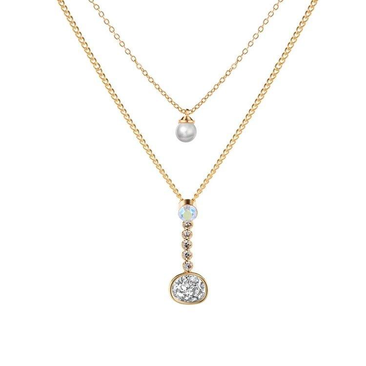 Layered Necklace with Druzy Stone and Cubic Zirconia Pendant