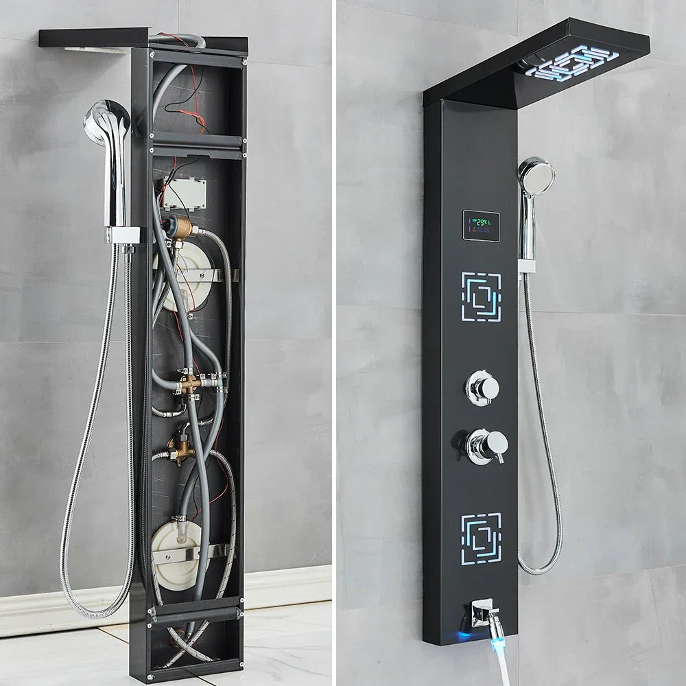 DecorBites™ LCD Black LED Rainfall Shower Panel with 5 Massage Jets Wall Mount