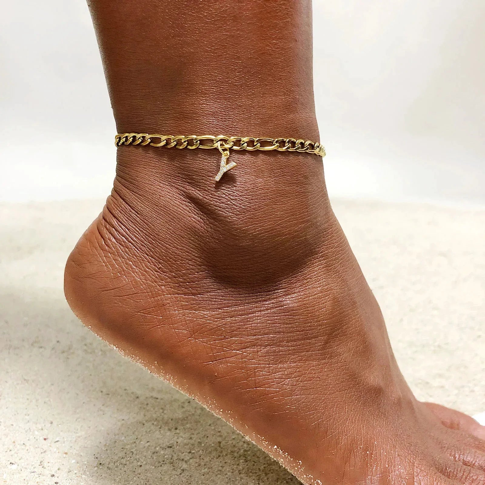 Mandotos Crystal A Z Letter Initial Anklets For Women Cuban Link Stainless Steel Beach Anklet
