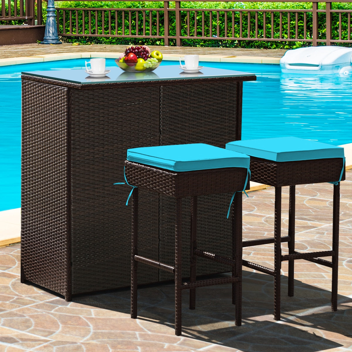 3PCS Patio Rattan Wicker Bar Table Stools Dining Set Cushioned Chairs Garden HW62380
