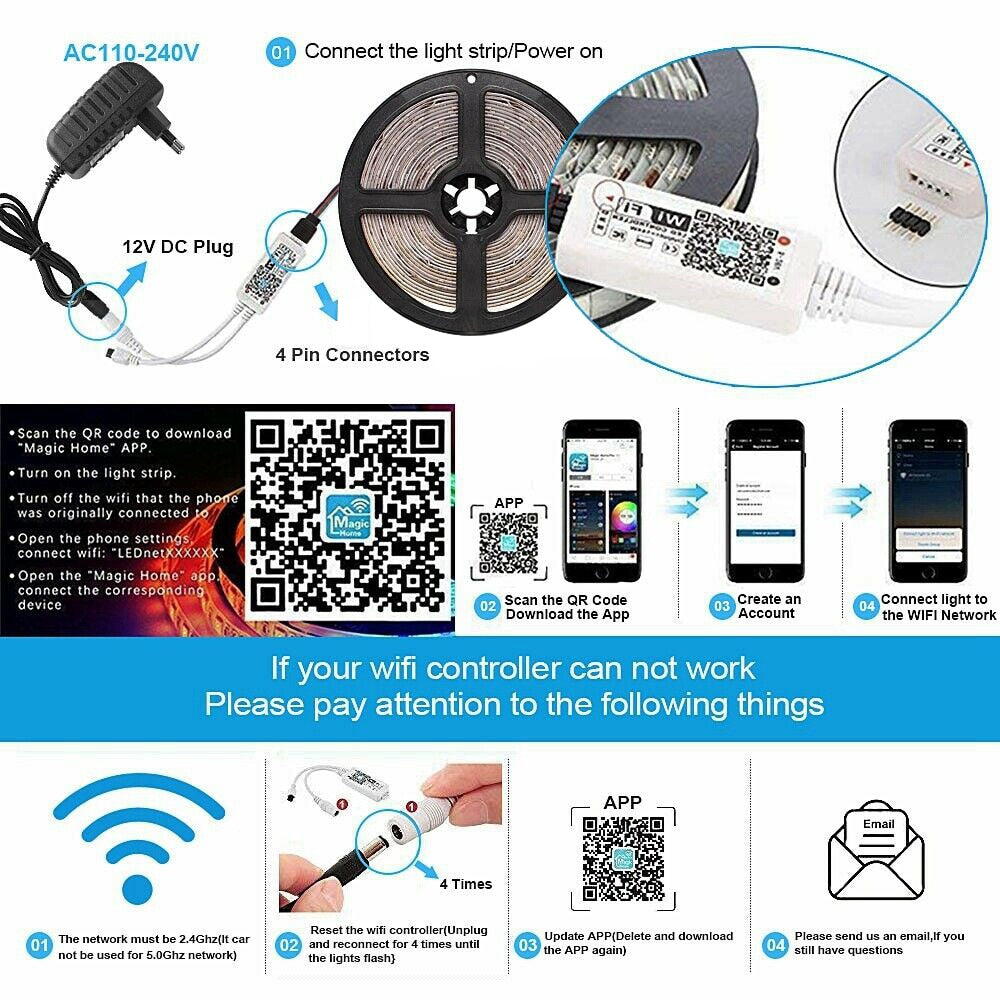 Wi-Fi 5050 RGB LED Light Strips with Bluetooth | Flexible 30LEDs/M RGB Strip Lamp | DC 12V Backlight Tape Mural for TV Home Decoration