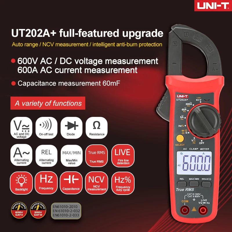 UNI-T UT204+ UT202A+ AC Amperimetric Clamp Meter 600A Hook Ammeter NCV Clamp Digital Multimeter Electric Tester Workshop Tools