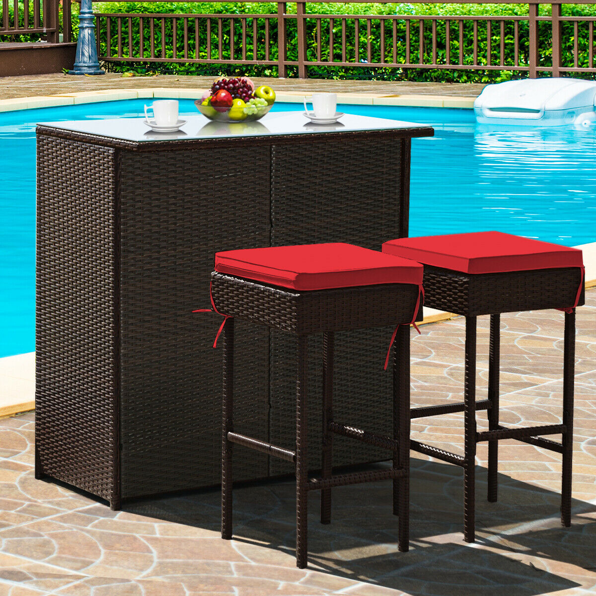 3PCS Patio Rattan Wicker Bar Table Stools Dining Set Cushioned Chairs Garden HW62380
