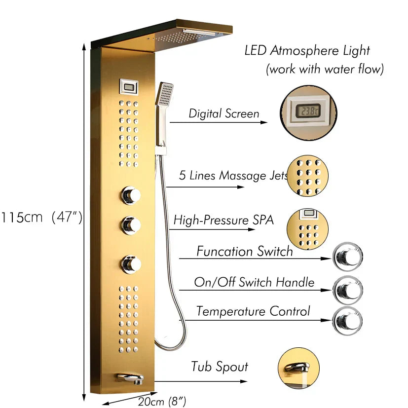 DecorBites™ Brushed Nickel Shower Column with Hand Shower, Tub Spout, and Massage System