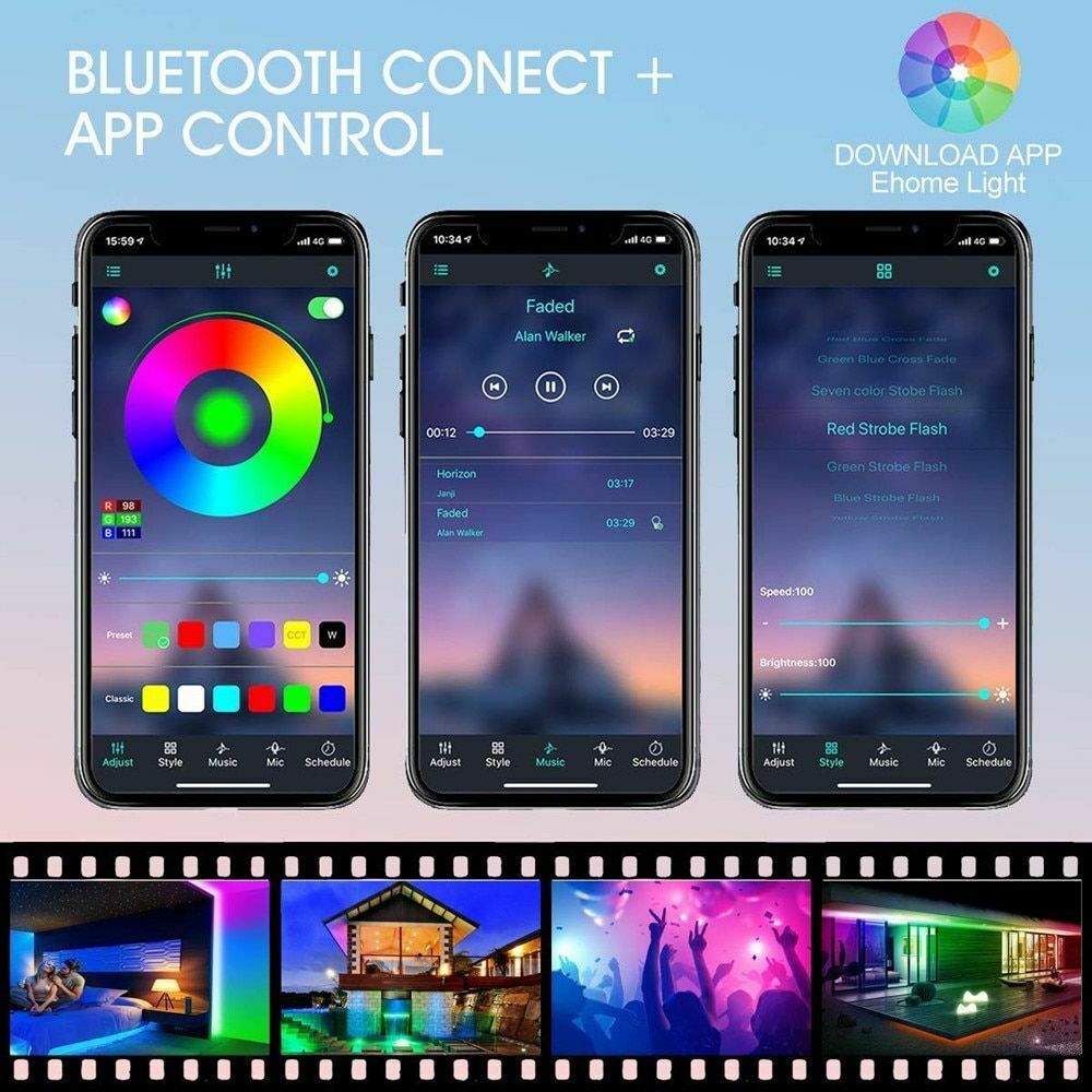 Wi-Fi 5050 RGB LED Light Strips with Bluetooth | Flexible 30LEDs/M RGB Strip Lamp | DC 12V Backlight Tape Mural for TV Home Decoration